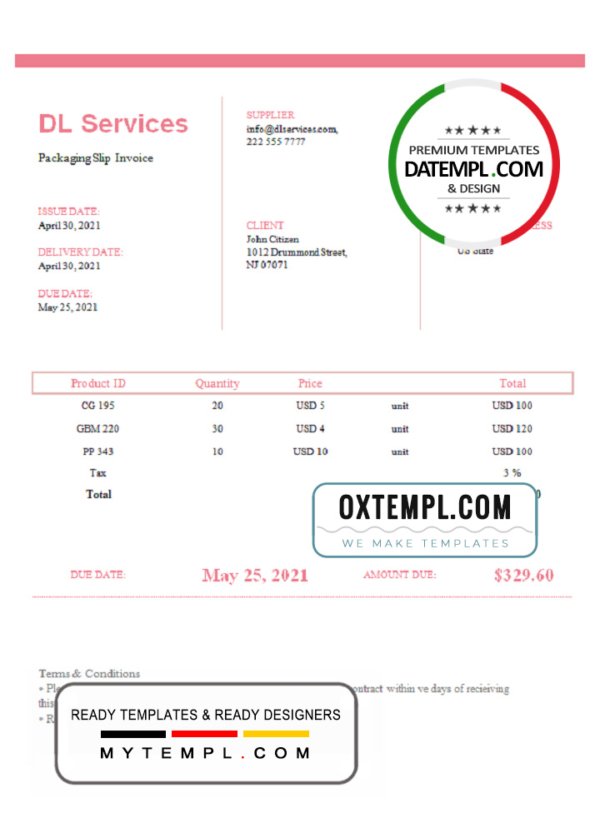 USA DL Services invoice template in Word and PDF format, fully editable