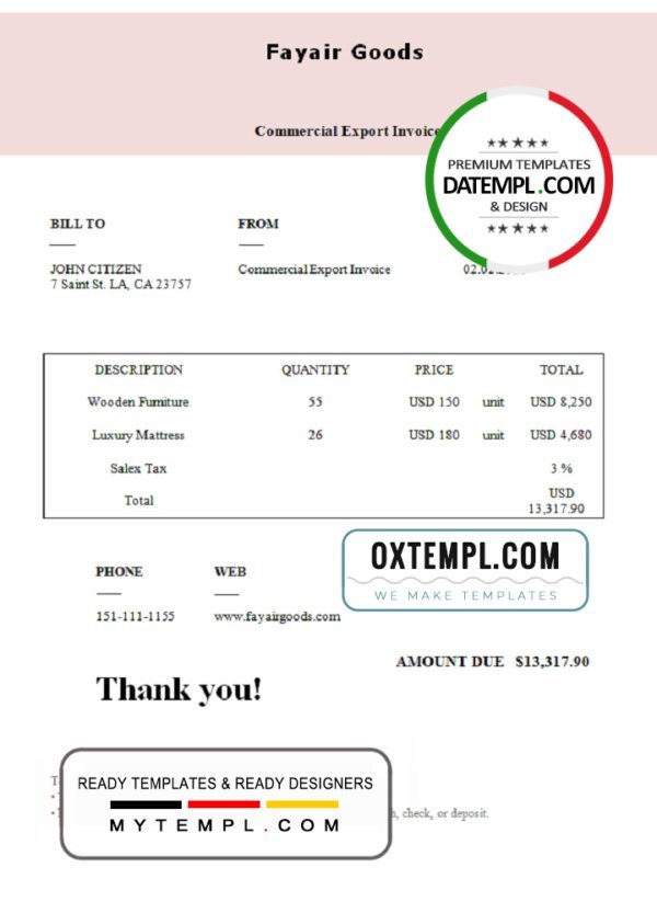 USA Fayair Goods invoice template in Word and PDF format, fully editable