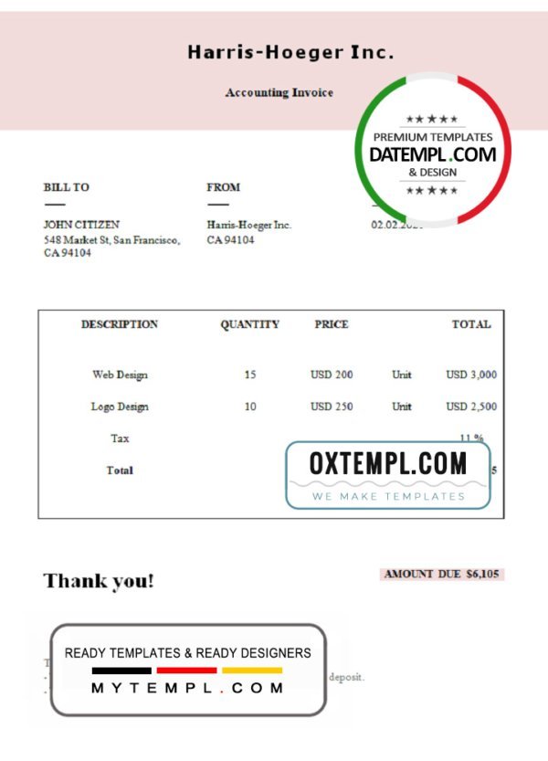 USA Harris-Hoeger Inc. invoice template in Word and PDF format, fully editable