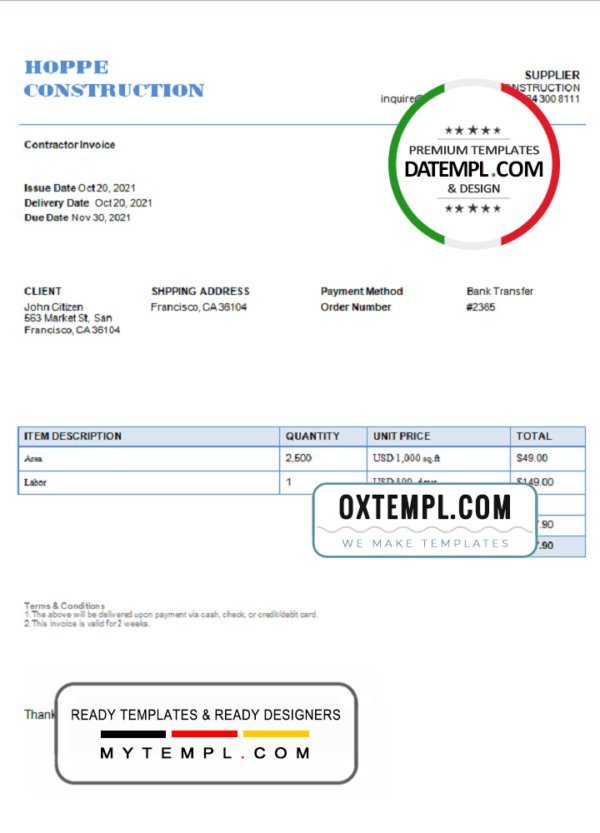 USA Hope Construction invoice template in Word and PDF format, fully editable