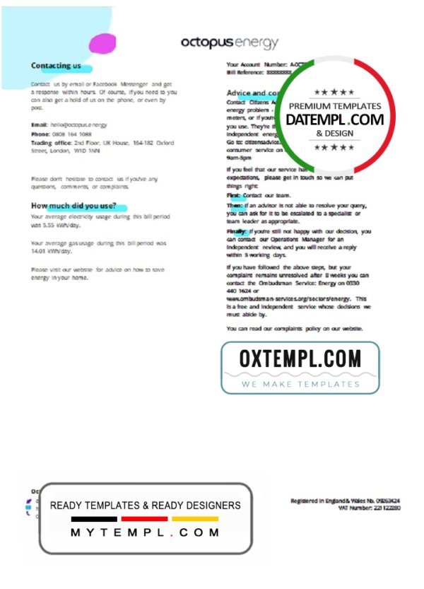 United Kingdom Octopus Energy utility bill template in Word and PDF format, 3 pages