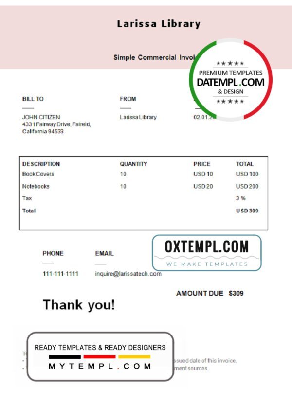 USA Larissa Library invoice template in Word and PDF format, fully editable