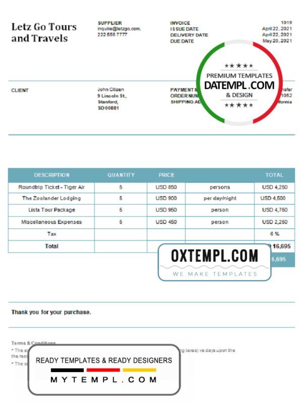 USA Letz Go Tours and Travels invoice template in Word and PDF format, fully editable