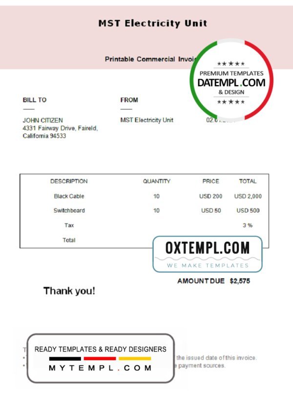 USA MST Electricity Unit invoice template in Word and PDF format, fully editable