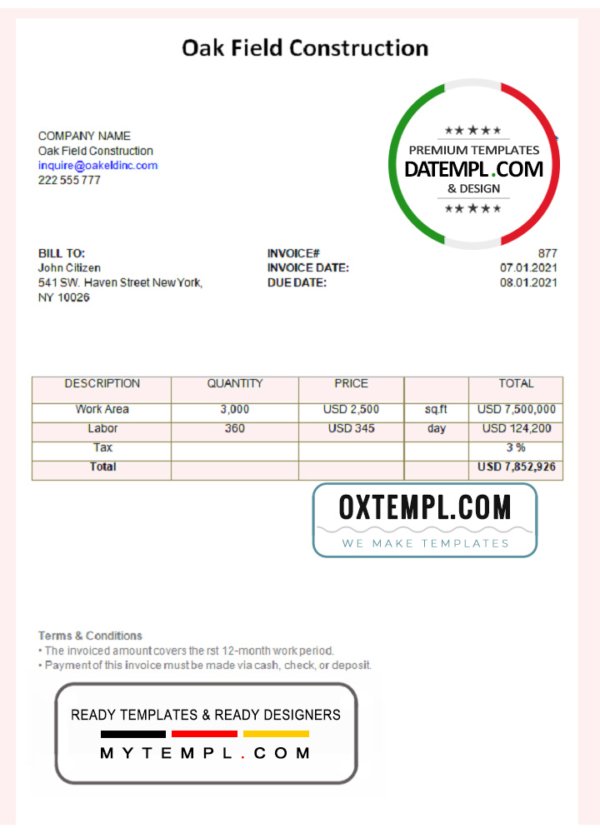 USA Oak Field Construction invoice template in Word and PDF format, fully editable