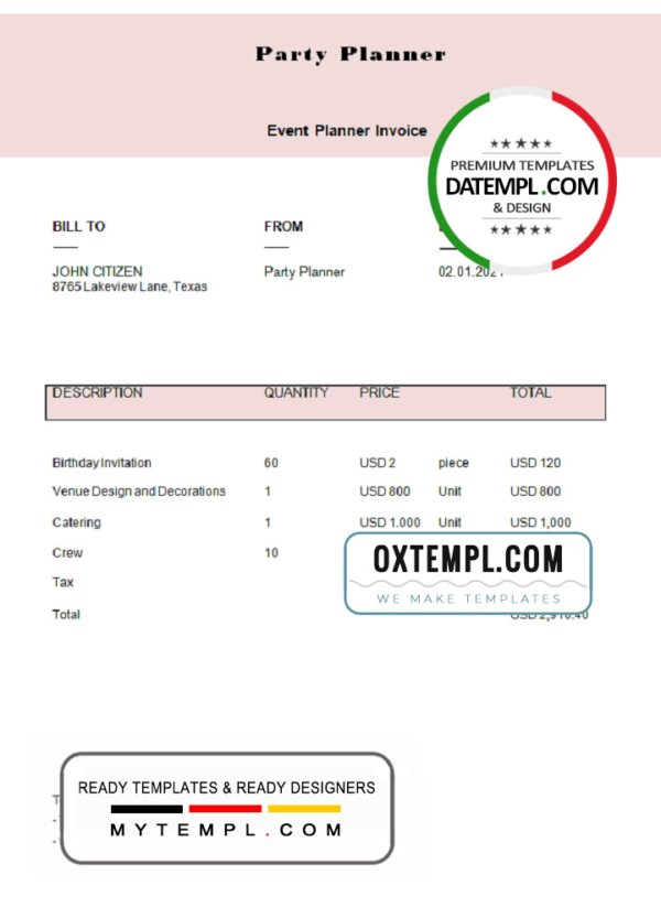 USA Party Planner invoice template in Word and PDF format, fully editable