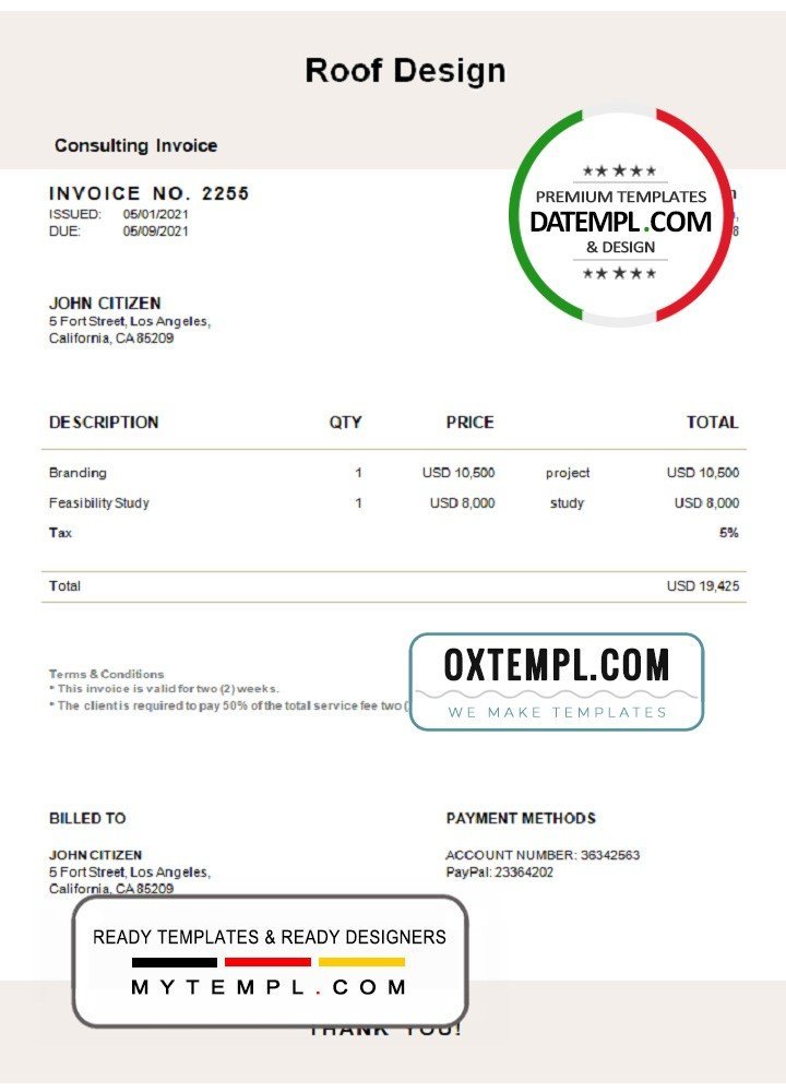 USA Roof Design invoice template in Word and PDF format, fully editable USA Roof Design invoice template in Word and PDF format, fully editable