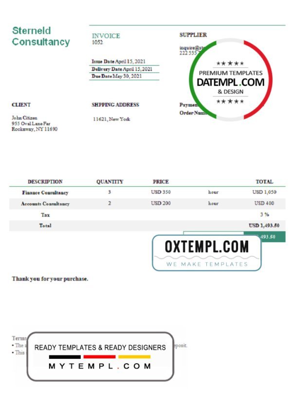 USA Sterneld Consultancy invoice template in Word and PDF format, fully editable