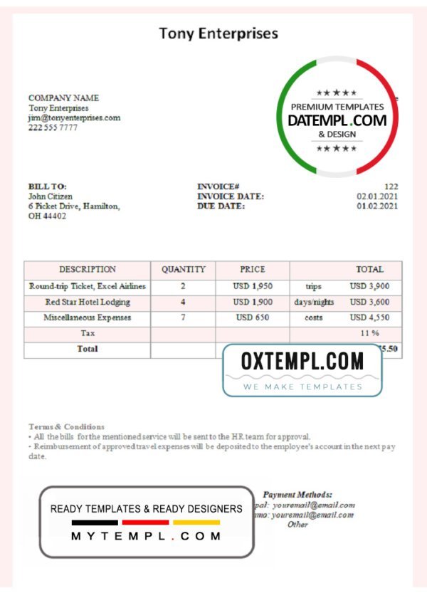 USA Tony Enterprises invoice template in Word and PDF format, fully editable