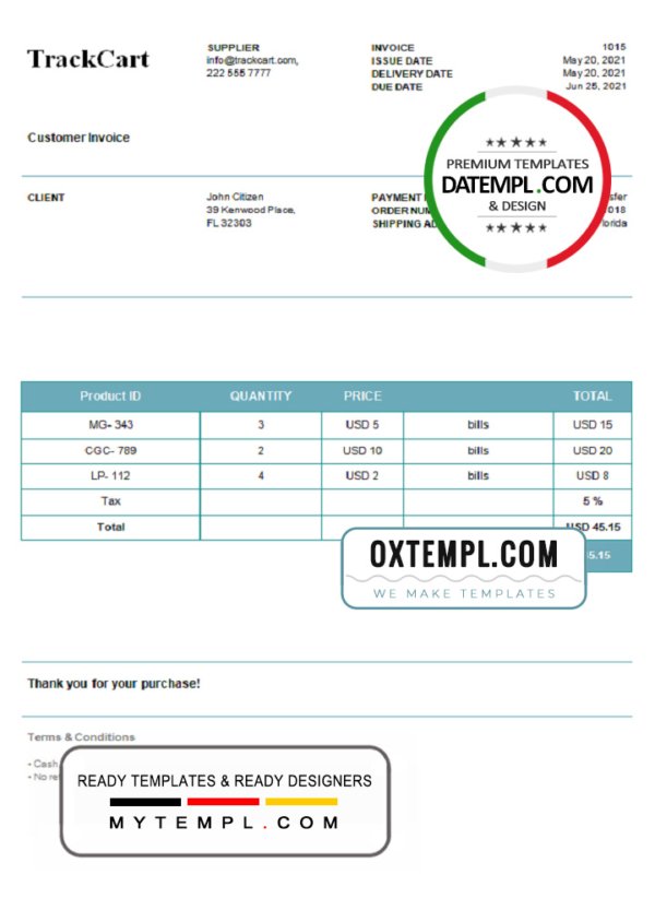 USA TrackCart invoice template in Word and PDF format, fully editable