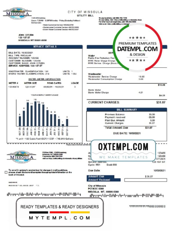 USA City of Missoula utility bill template in Word and PDF format