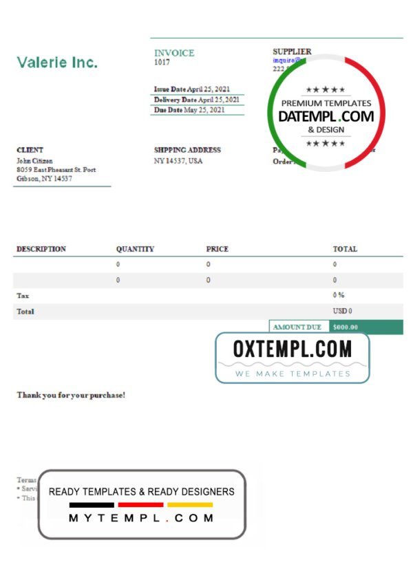 USA Valerie Inc. invoice template in Word and PDF format, fully editable