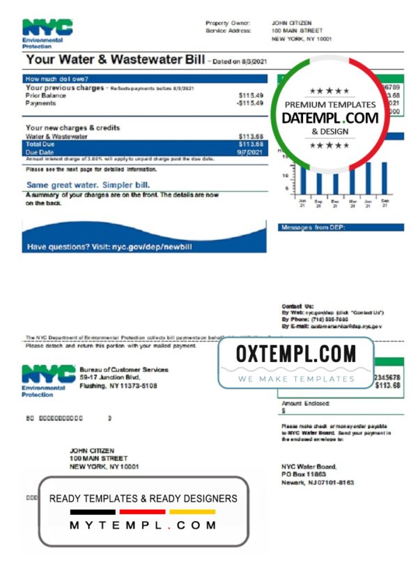 USA The New York City Department of Environmental Protection (DEP) utility bill template in Word and PDF format