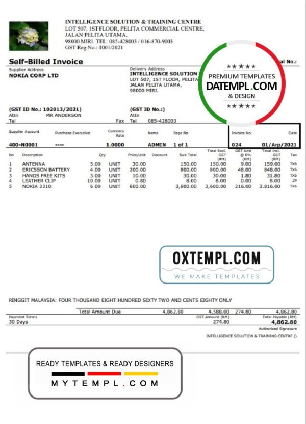 Malaysia Intelligence Solution & Training Centre self-billed invoice in Word and PDF format