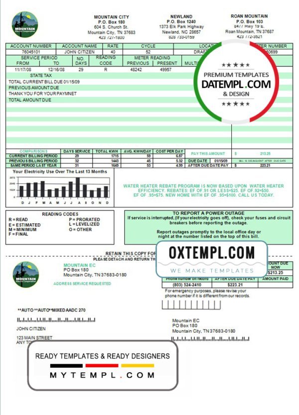 USA Tennessee Mountain Electric Cooperative, Inc. (MEC) utility bill template in Word and PDF format