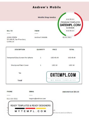 USA Andrew’s Mobile invoice template in Word and PDF format, fully editable