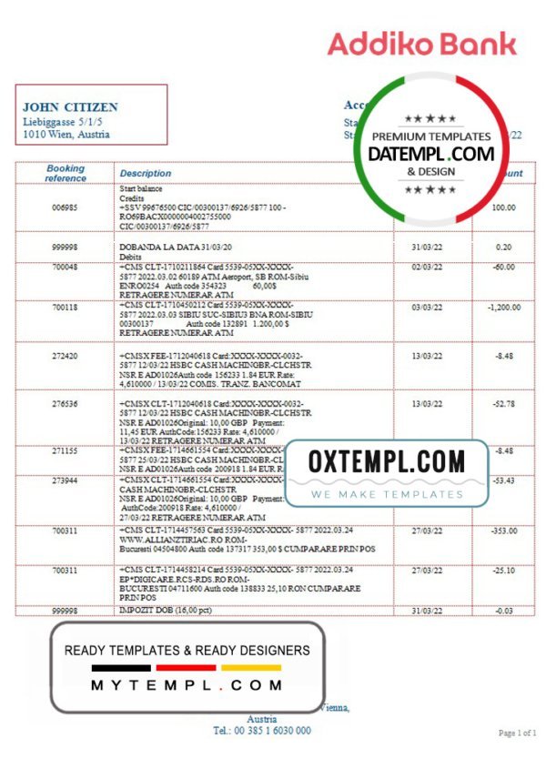 Austria Addiko bank statement template in Word and PDF format