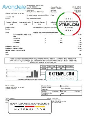 USA Arizona The City of Avondale Water utility bill template in Word and PDF format
