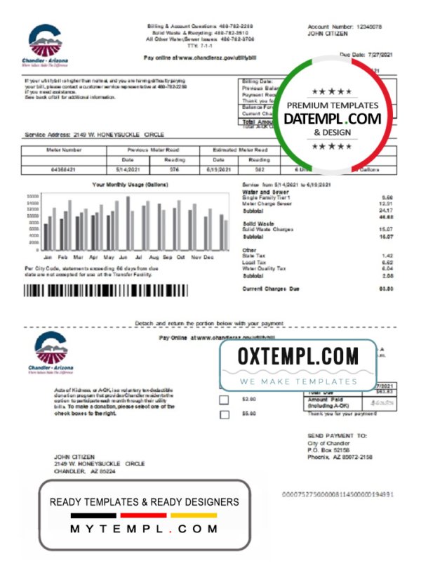 USA Arizona Chandler Utilities bill template in Word and PDF format