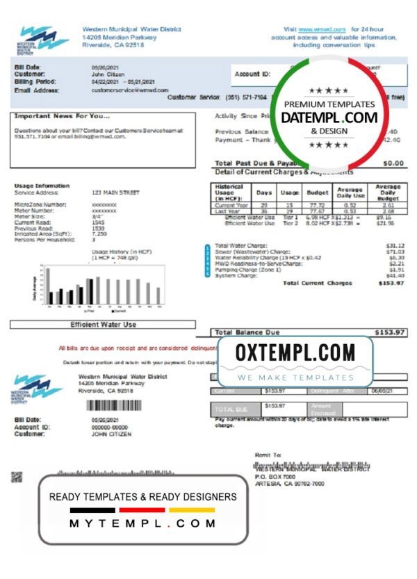 USA Western Municipal Water District utility bill template in Word and PDF format