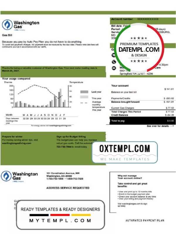 USA Washington Gas (WGL) utility bill template in Word and PDF format