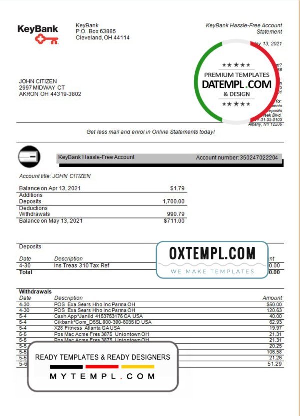 USA Ohio KeyBank bank statement template in Excel and PDF format