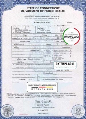 USA Connecticut state birth certificate template in PSD format, fully editable