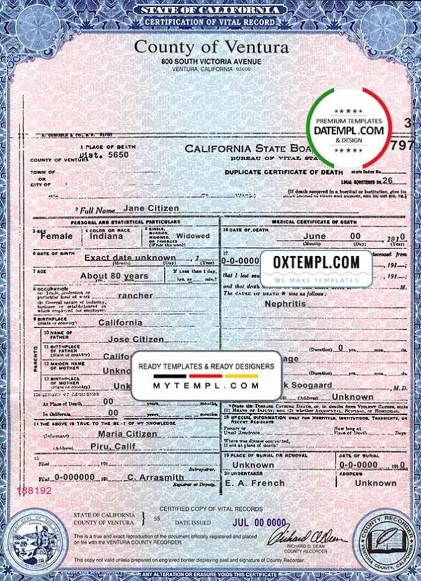 USA state California County of Ventura death certificate template in PSD format, fully editable