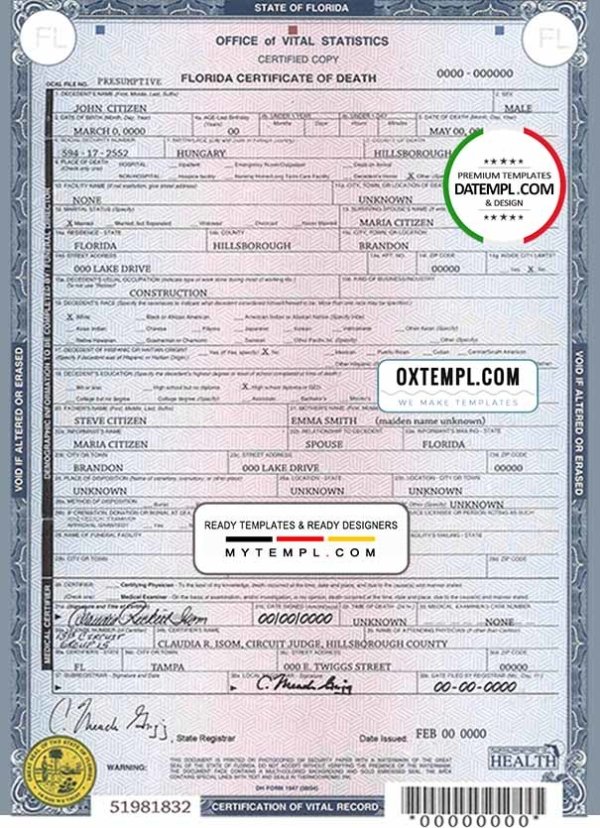 USA state Florida death certificate template in PSD format, fully editable