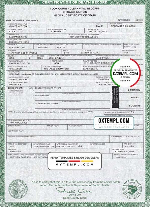 USA Illinois state death certificate template in PSD format, fully editable