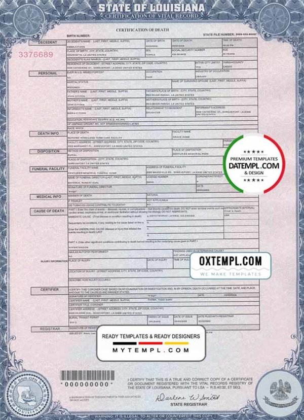 USA Louisiana state death certificate template in PSD format, fully editable