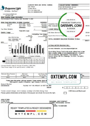 USA Pennsylvania Duquesne Light Company utility bill template in Word and PDF format