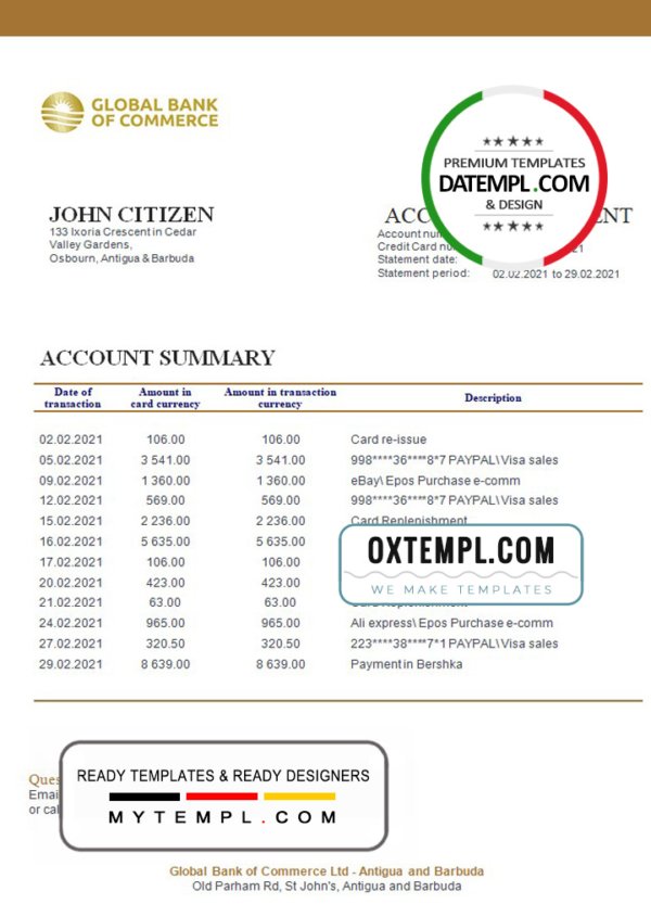 Antigua and Barbuda Global Bank of Commerce bank statement template in Word and PDF format