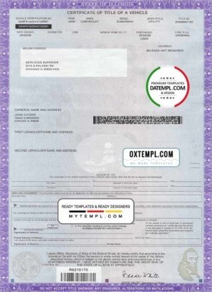 Illinois certificate of title of a vehicle (car title) template in PSD format, fully editable