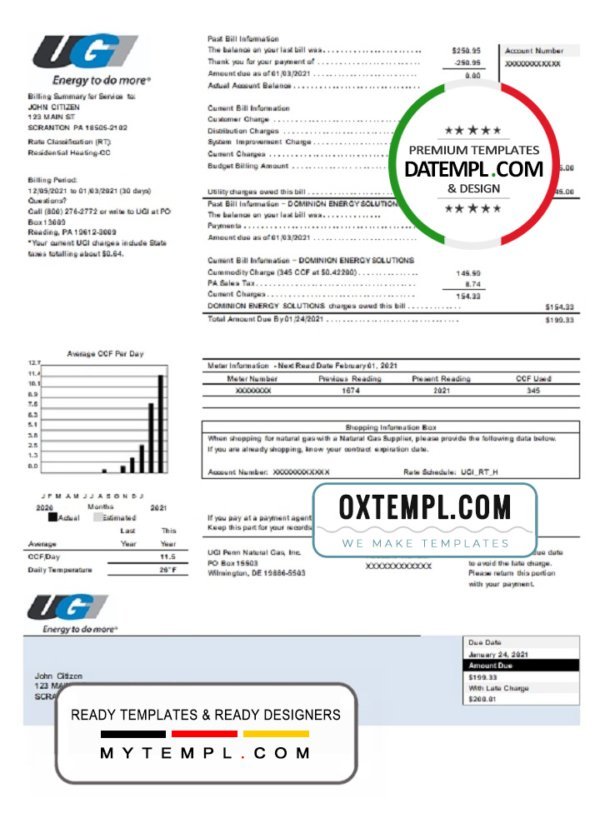 USA Pennsylvania UGI Utilities utility bill template in Word and PDF format