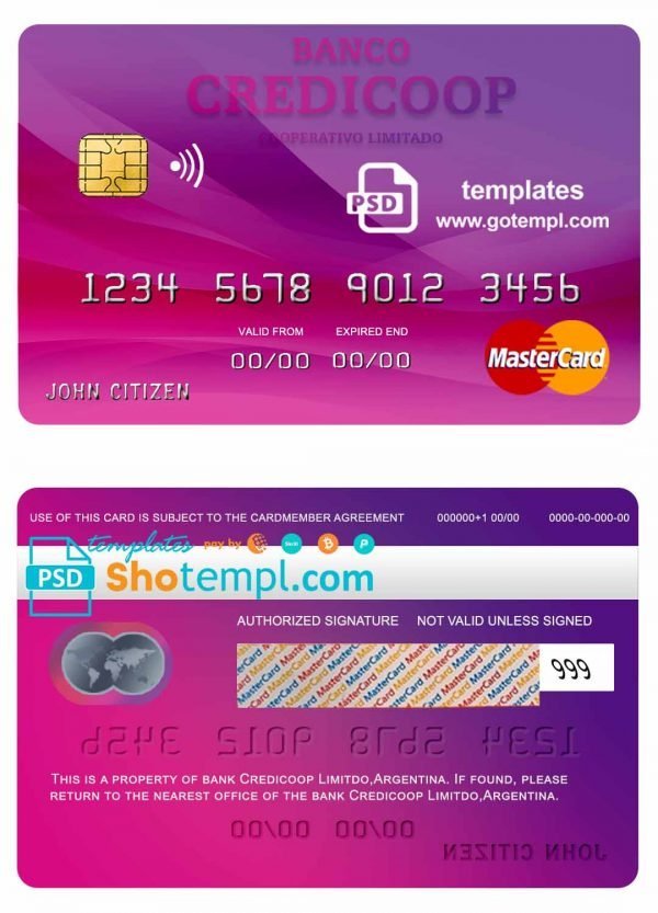 Argentina bank Credicoop bank mastercard credit card template in PSD format, fully editable