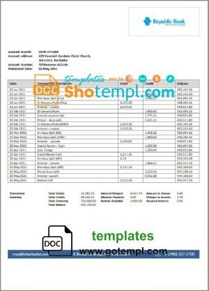 Barbados Republic Bank statement template in Word and PDF format