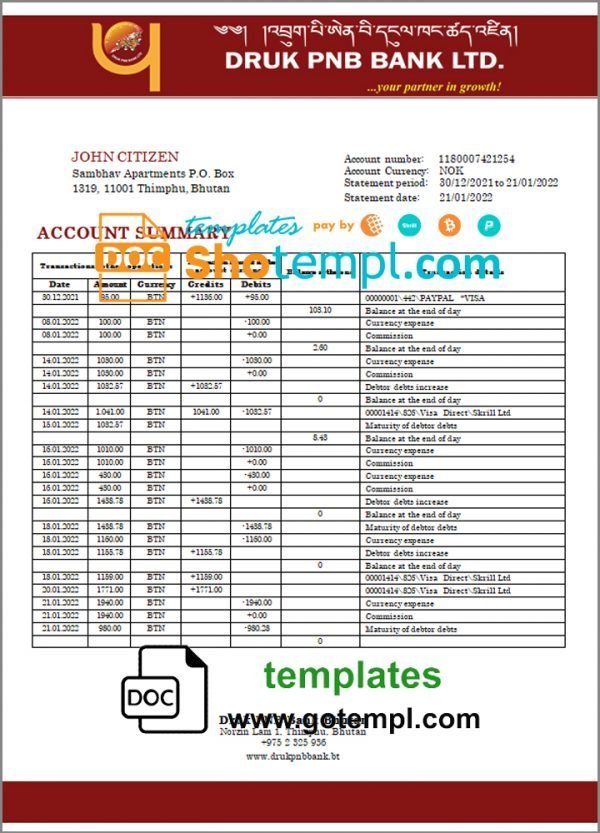 Bhutan Druk PNB bank statement template in Word and PDF format