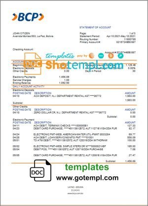 Isbank corporate checking account statement Word and PDF template