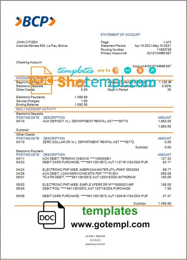 Bolivia banco de crédito de bolivia bank statement template in Word and PDF format