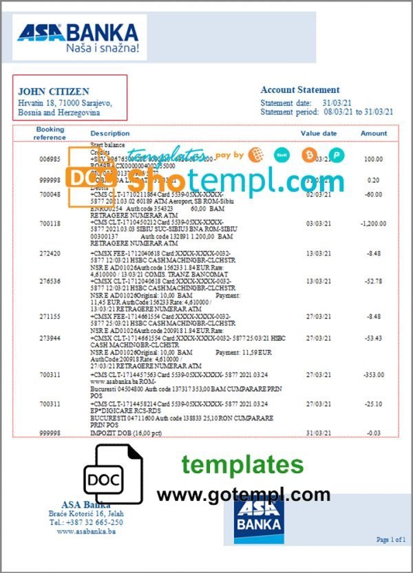 Bosnia and Herzegovina ASA Banka bank statement template in Word and PDF format