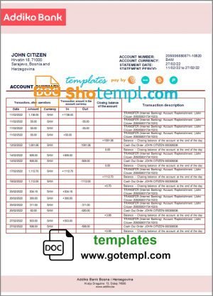 Bosnia and Herzegovina Addiko bank statement template in Word and PDF format