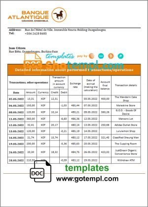 Burkina Faso Banque Atlantique bank statement template in Word and PDF format