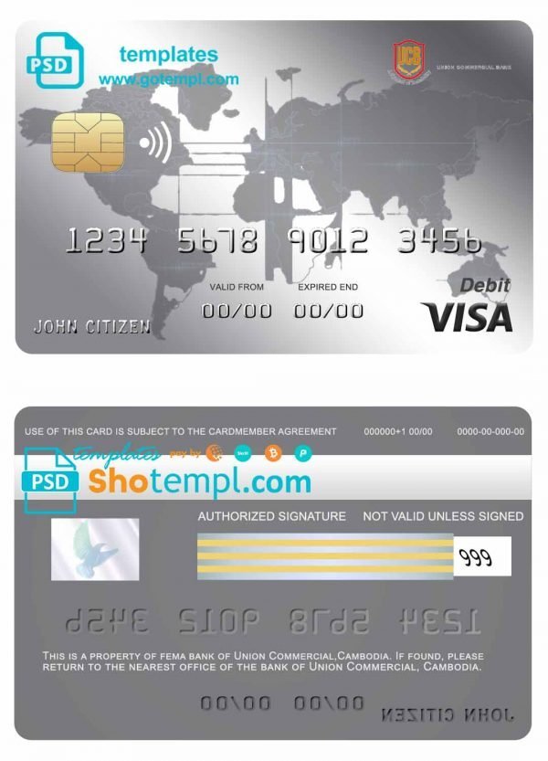 Cambodia Union Commercial bank visa credit card template in PSD format, fully editable