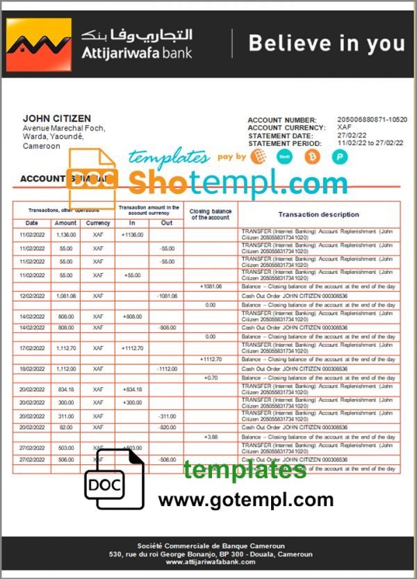 Cameroon SCB bank statement template in Word and PDF format