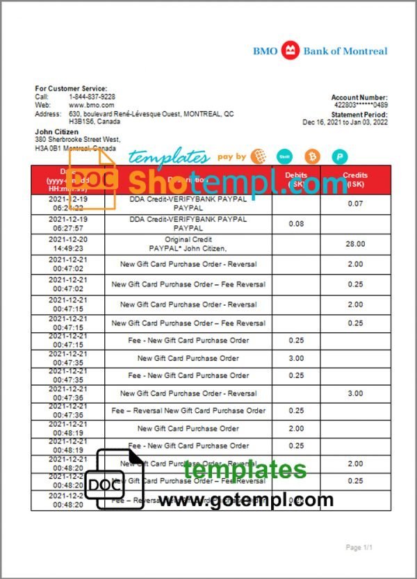 Canada Bank of Montreal bank statement template in Word and PDF format (.doc and .pdf)