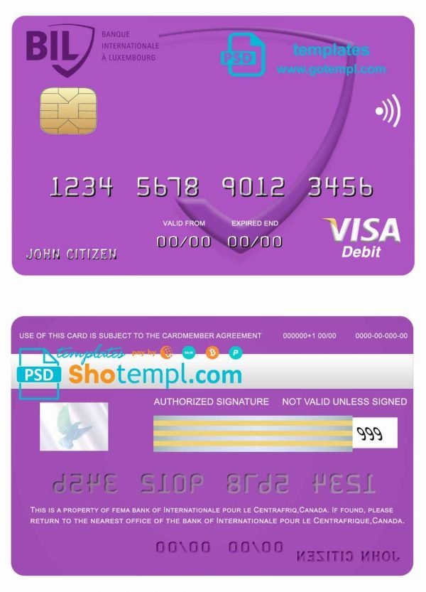 Canada Internationale pour le Centrafrique bank visa card template in PSD format, fully editable