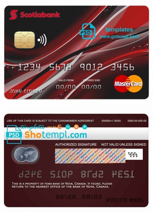 Canada Nova bank mastercard template in PSD format, fully editable