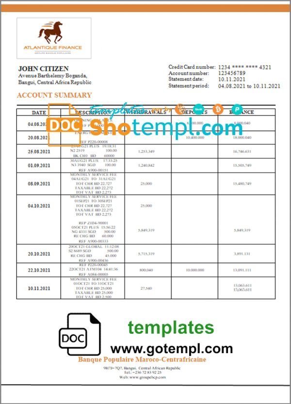 Central African Republic Banque Populaire Maroco Centrafricaine bank statement template in Word and PDF format