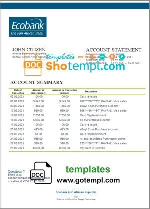 Central African Republic Ecobank bank statement template in Word and PDF format